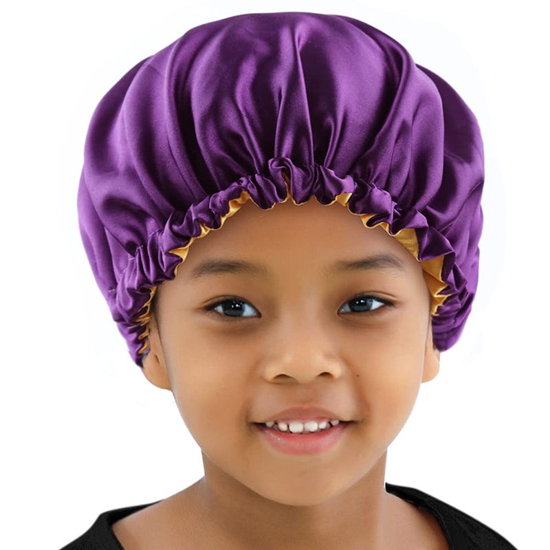 ELIHAIR قبعات نوم للأطفال من ELIHAIR، قبعات مريحة للمراهقين والأطفال الصغار، قبعة ساتان حريرية قابلة للتعديل وقابلة للعكس بطبقتين، لون لافندر/أصفر - Image 1